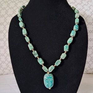 Vintage 1970s Hand Carved Ceramic Bohemian Egyptian Revival Scarab Necklace